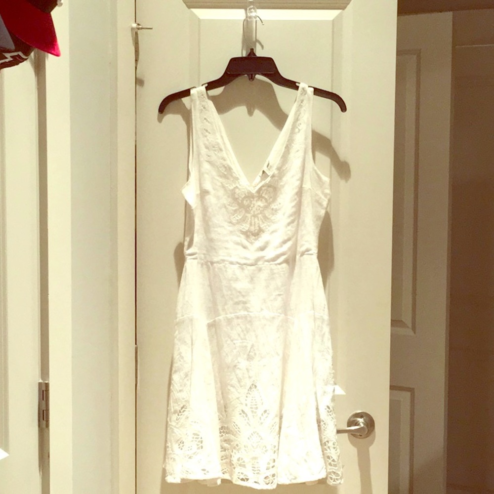 Joie white linen crochet trim dress